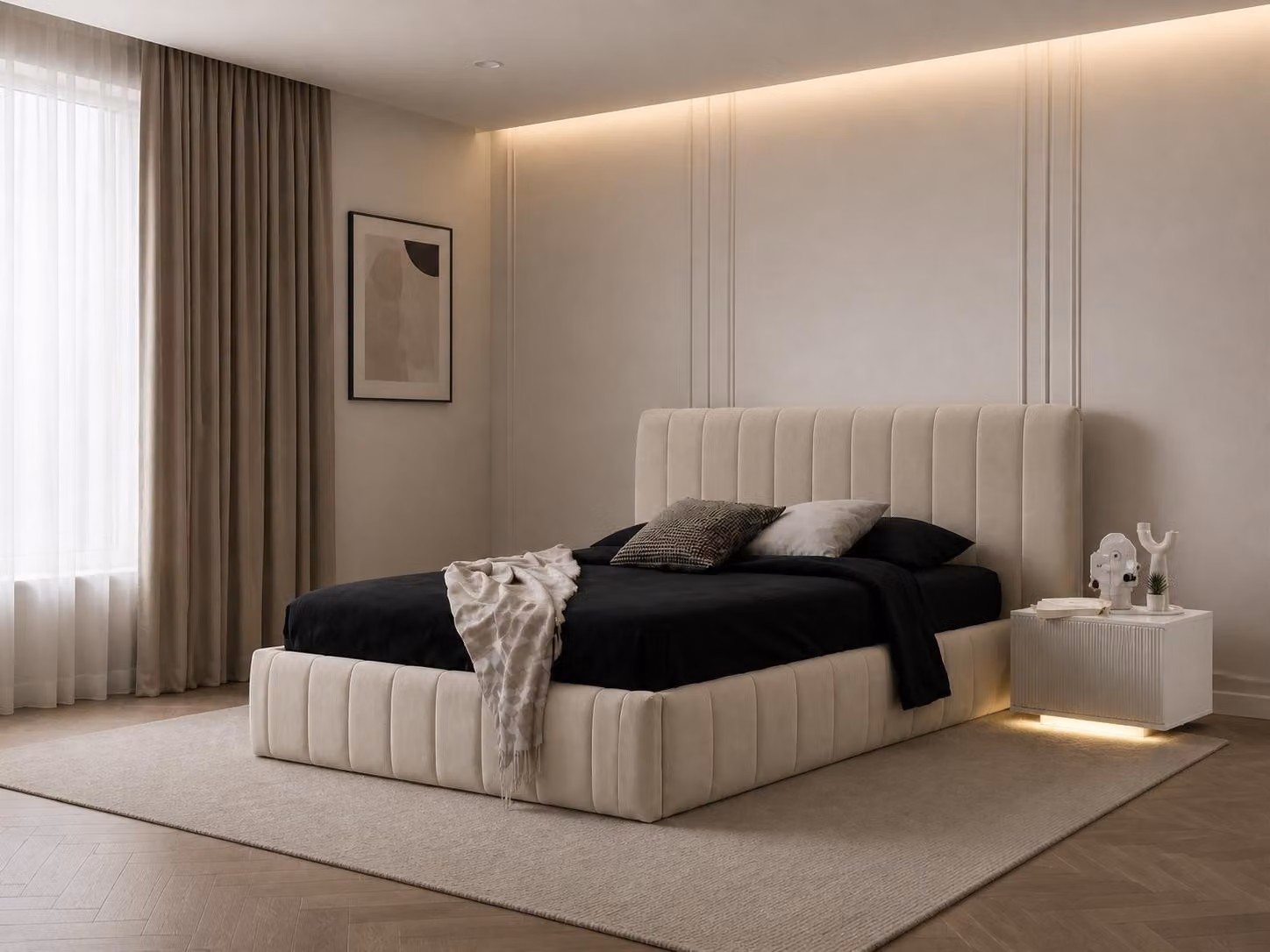 Letto imbottito, comodino beige, stile moderno, set per camera da letto in tessuto e legno