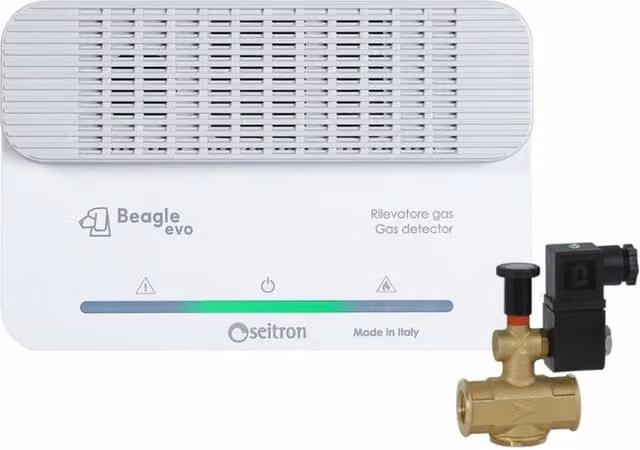 Rilevatore fughe gas metano SEI modello Beagle Evo con elettrovalvola normalmente aperta DN20 3/4 230 V colore bianco