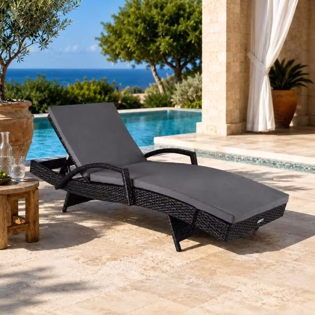 Lettino prendisole Arreditaly in polyrattan con schienale reclinabile e cuscino, ideale per giardino e piscina, Nero e Grigio, L: 150 cm, P: 62 cm, H: 34 cm