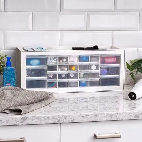 Organizzatore multifunzionale a più scomparti per ufficio e strumenti, colore bianco, in legno, metallo e plastica, L: 22,225 cm, P: 17,78 cm, H: 17,78 cm