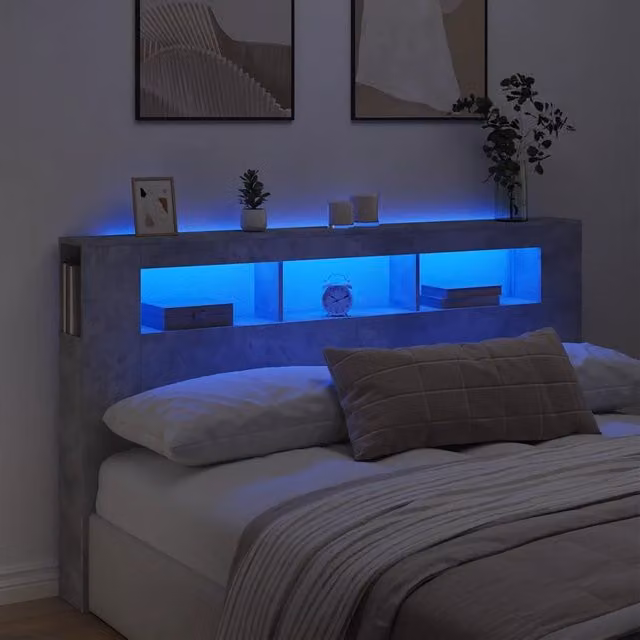 Testiera Decorativa con LED e Porta USB Design Mania in Legno Multistrato Grigio Cemento L 180 x P 18,5 x H 103,5 cm