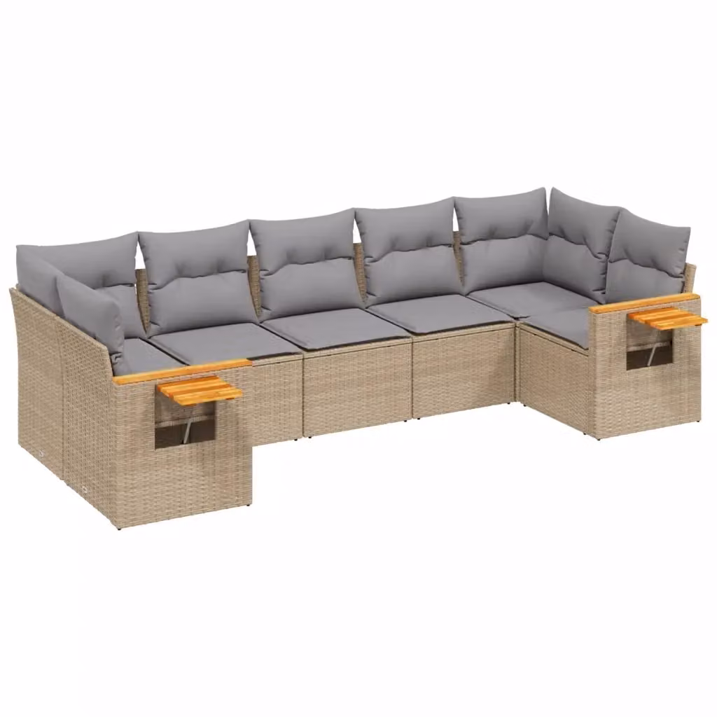 vidaXL Set Divani da Giardino 7 pz a Forma a L con Cuscini Beige e Tavolino in Polyrattan e Legno di Acacia – 2