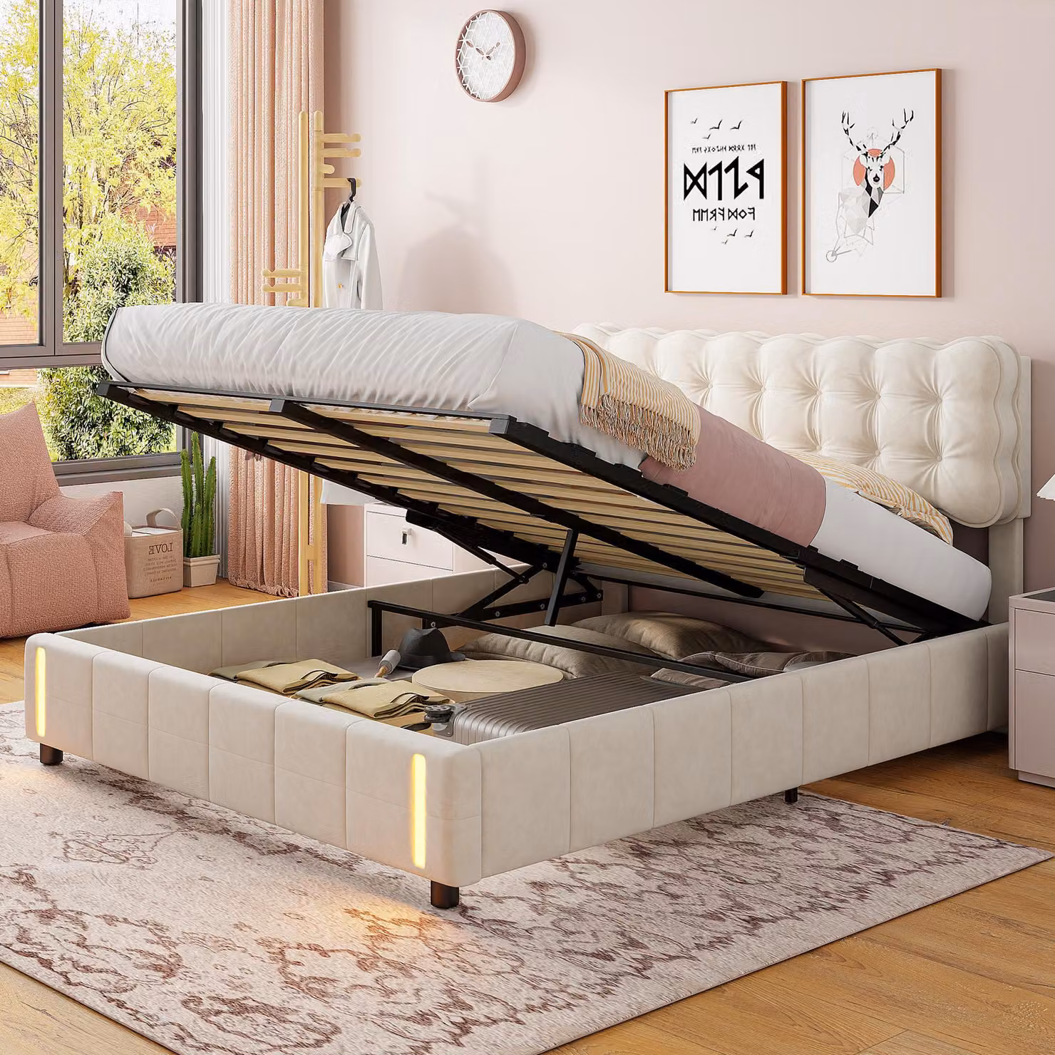 Letto imbottito in velluto ProximaX 140x190 cm in beige con contenitore, illuminazione a LED nella parte inferiore, funzione di molle a pressione a gas - letto matrimoniale dal design elegante con pratico contenitore
