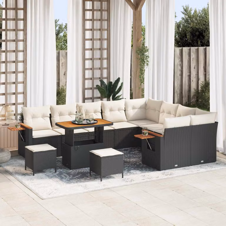 Set Divano da Giardino Moderno vidaXL in Polyrattan Nero con Cuscini Beige 12 Pezzi