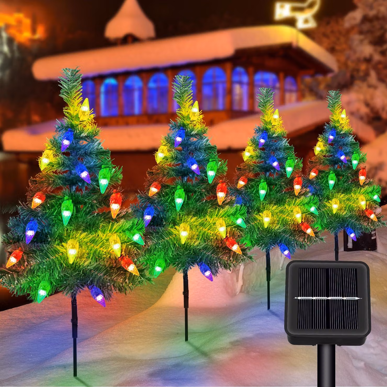 Illuminazione solare per vialetti, albero di Natale, set da 4, luce bianco caldo