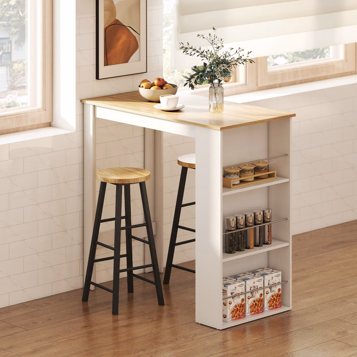 Tavolo da bar HOMCOM con 3 mensole e barre protettive in acciaio e legno, Bianco, L: 112 cm, P: 57 cm, H: 106 cm – 2