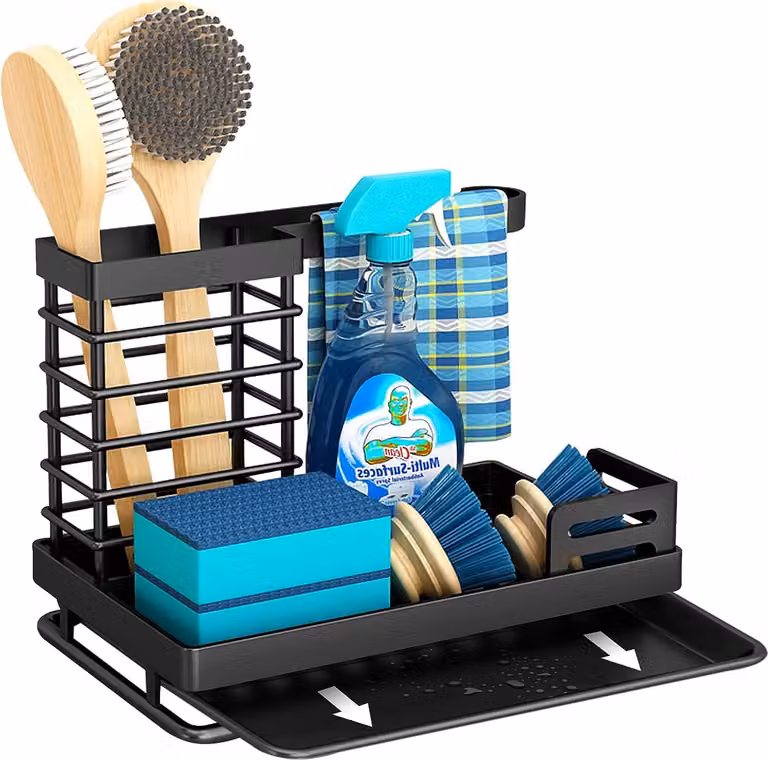 Organizzatore per lavelli Organizzatore per lavelli Organizzatore per lavelli in acciaio inox Organizzatore per lavelli con vaschetta di scarico per cucina Organizzatore per spugne, nero