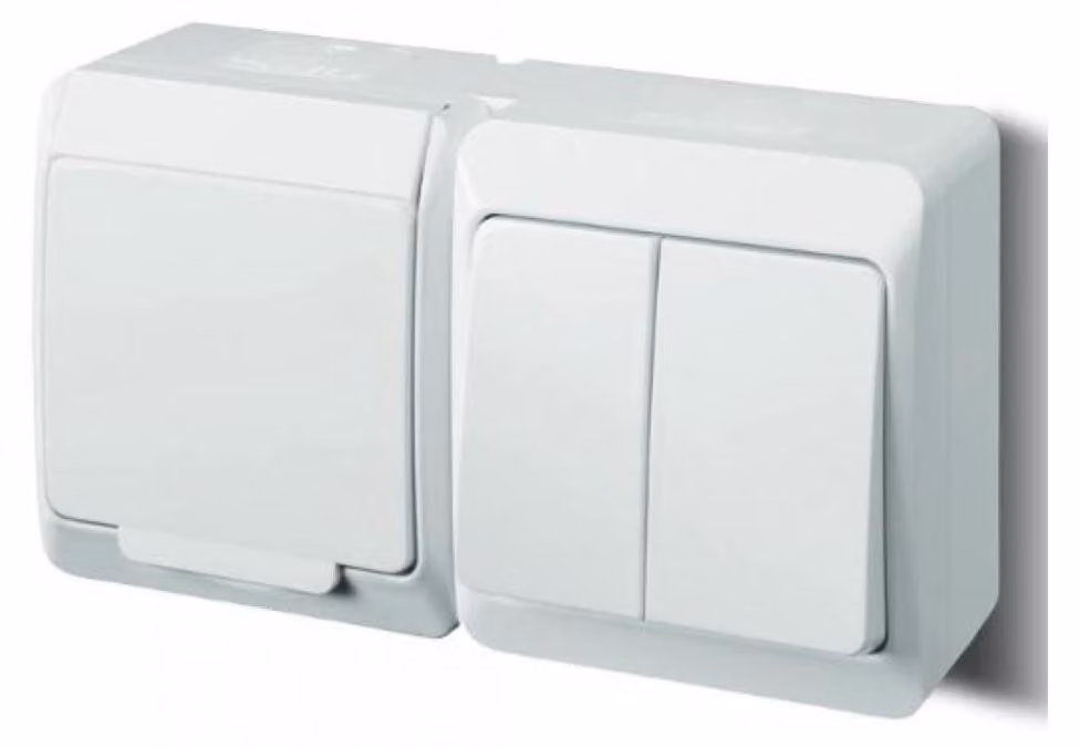 interruttore da superficie bianco 5 in serie 250 V 5327-14 + presa da superficie con copripresa / doppio interruttore
