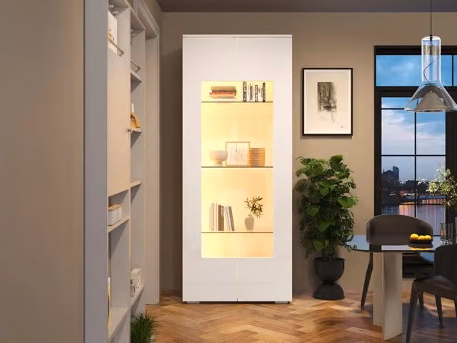 Mobile vetrina soggiorno Minimal bianco in MDF con ante in vetro temperato e illuminazione integrata L/P/H: 70 x 40 x 173 cm