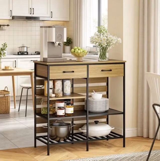 Buffet da cucina in legno naturale e acciaio nero con 2 cassetti e 3 ripiani aperti, 90x40x91 cm