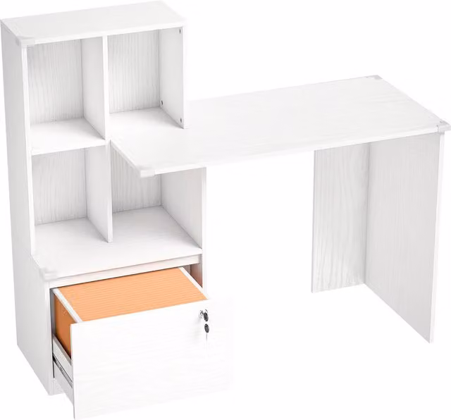 Scrivania per Computer HOMCOM con Libreria, 4 Scomparti e Cassetto con Serratura, Effetto Legno Bianco, L: 126 cm, P: 50 cm, H: 109 cm