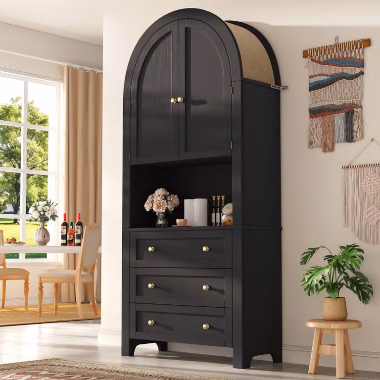 Mobile alto Flieks con piano curvo, credenza con copertura in lino, mobile da cucina in stile retrò, mobile per corridoio del soggiorno, nero