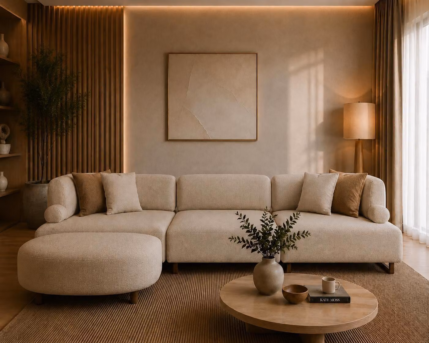 Divano modulare beige, a 3 posti, dal design moderno e dal comfort versatile