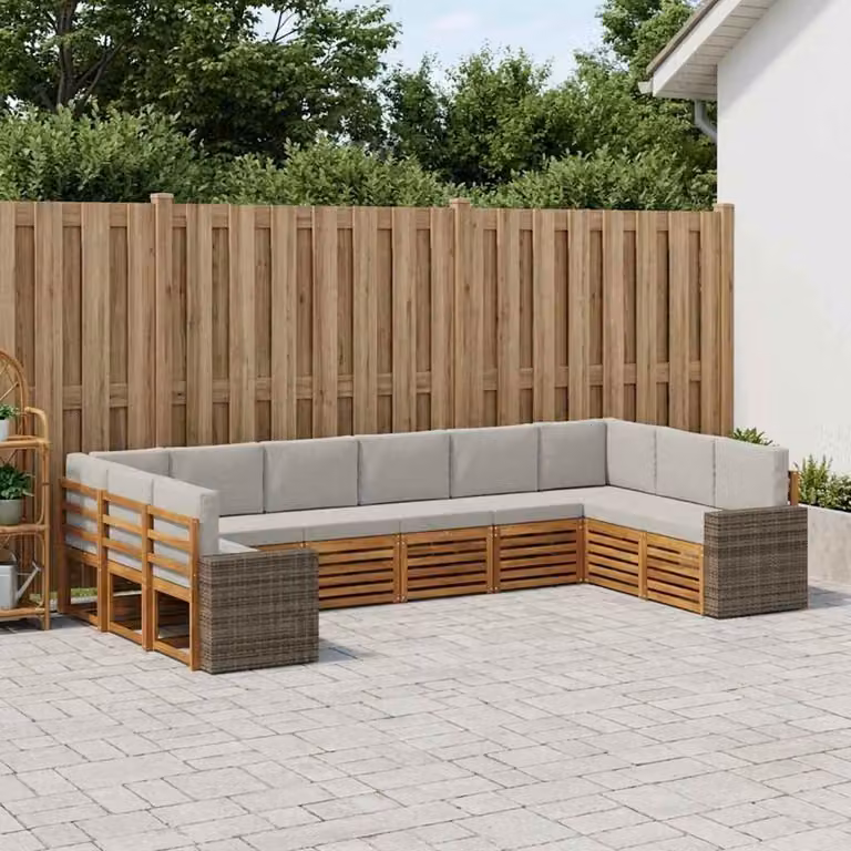 vidaXL Set di divani da esterno componibile a L in legno di acacia con cuscini, Beige e Grigio