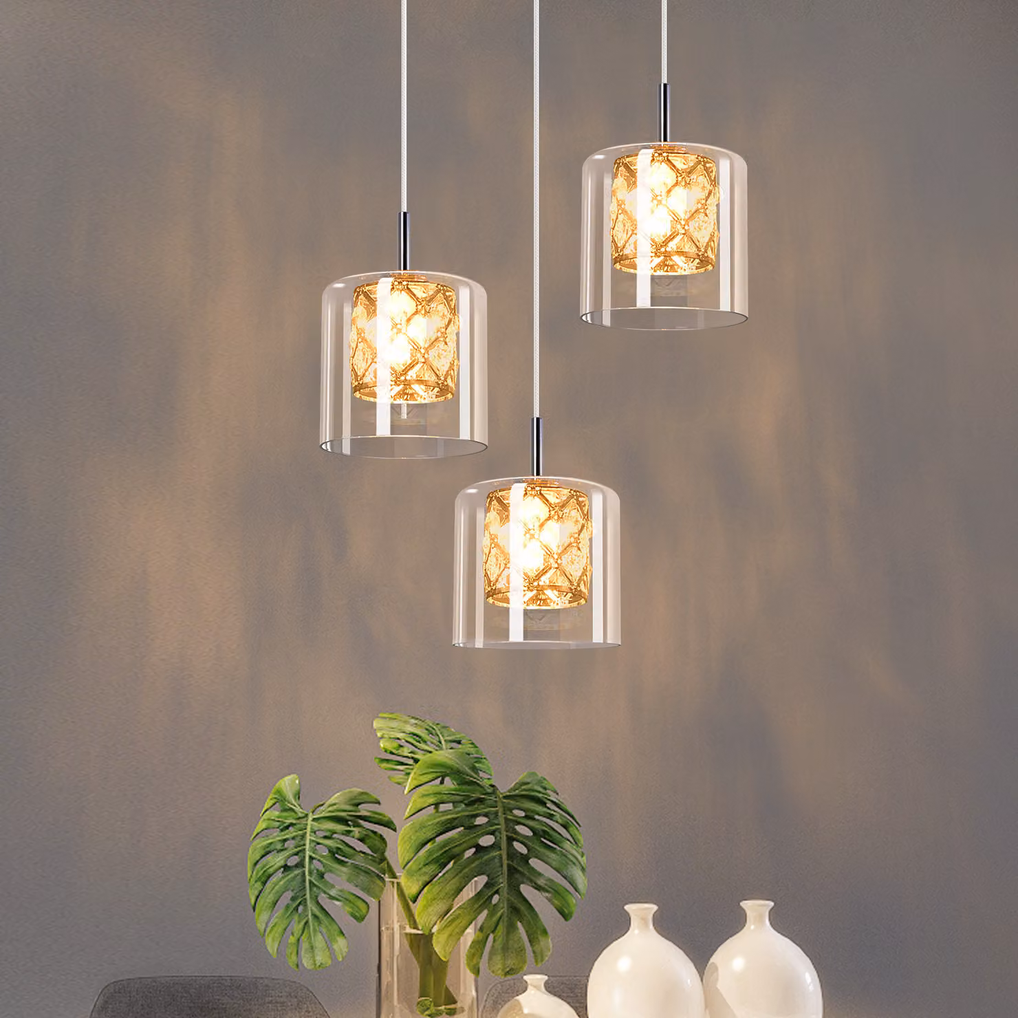 ZMH Lampada a sospensione a 3 fiamme Tavolo da pranzo Luce a sospensione in vetro G9 Sala da pranzo 120CM Altezza regolabile Lampada a sospensione d'epoca Moderna