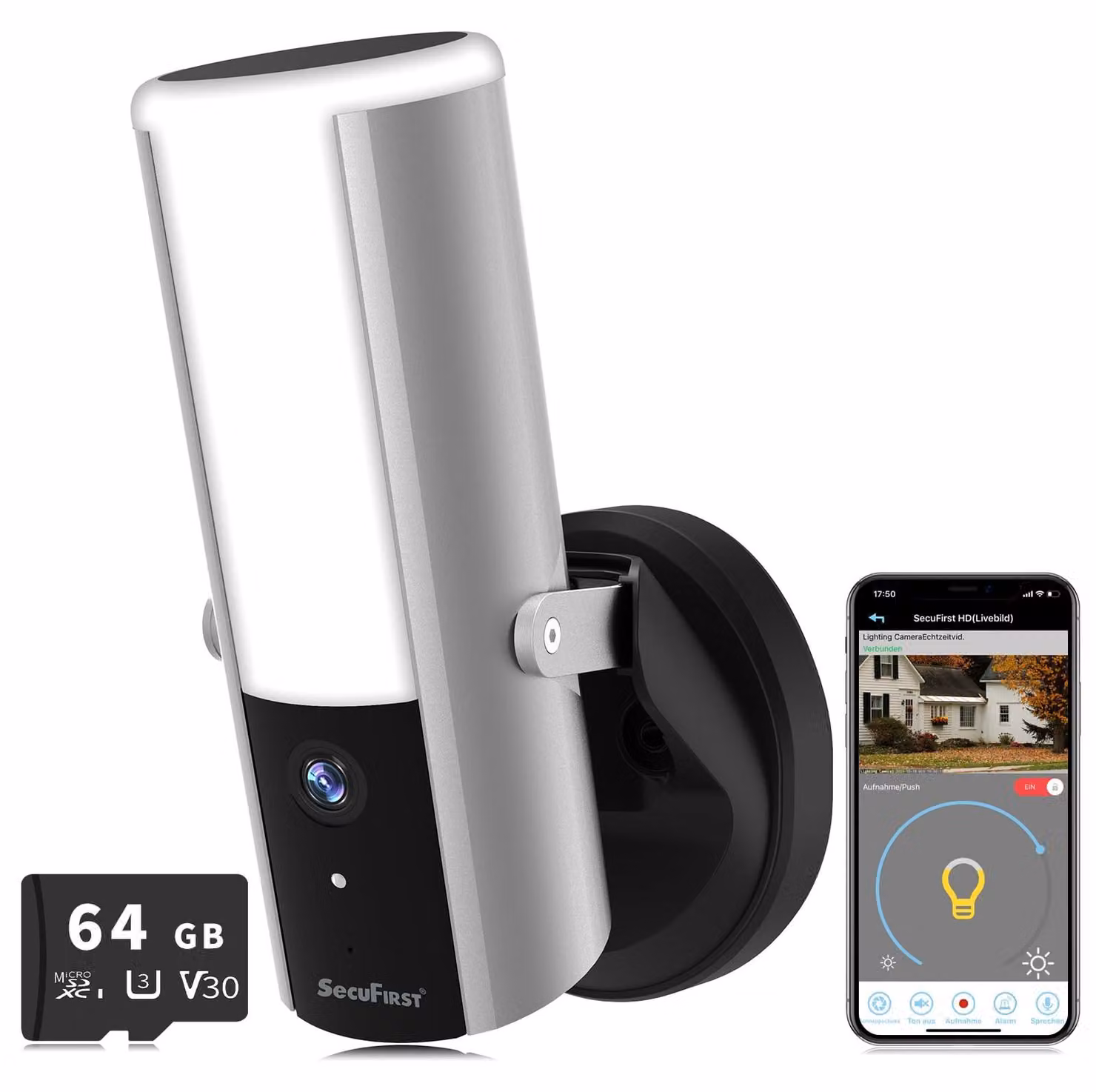 Lampada da esterno con telecamera, risoluzione 2K, 900 lumen, 10 W, 64 GB di memoria SD, Wi-Fi