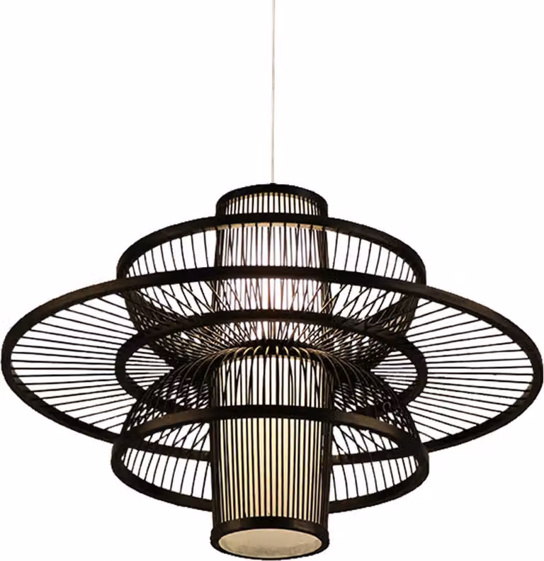 Fine Asianliving Bamboo Hanging Lamp Lampada a sospensione Nero Fatto a mano - Nathan D50xH35cm Lampada a sospensione Illuminazione Paralume di bambù Tessuto Lampada Illuminazione Rotan