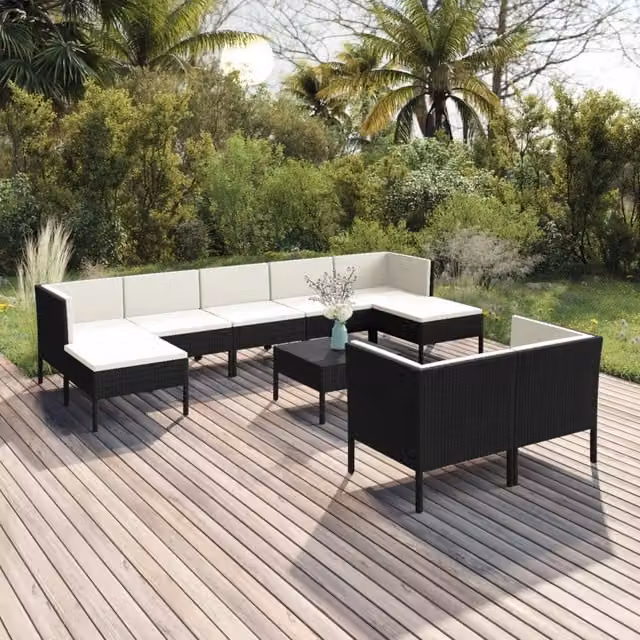 Set Divani da Giardino 10 pz con Cuscini in Polyrattan Nero 3094576