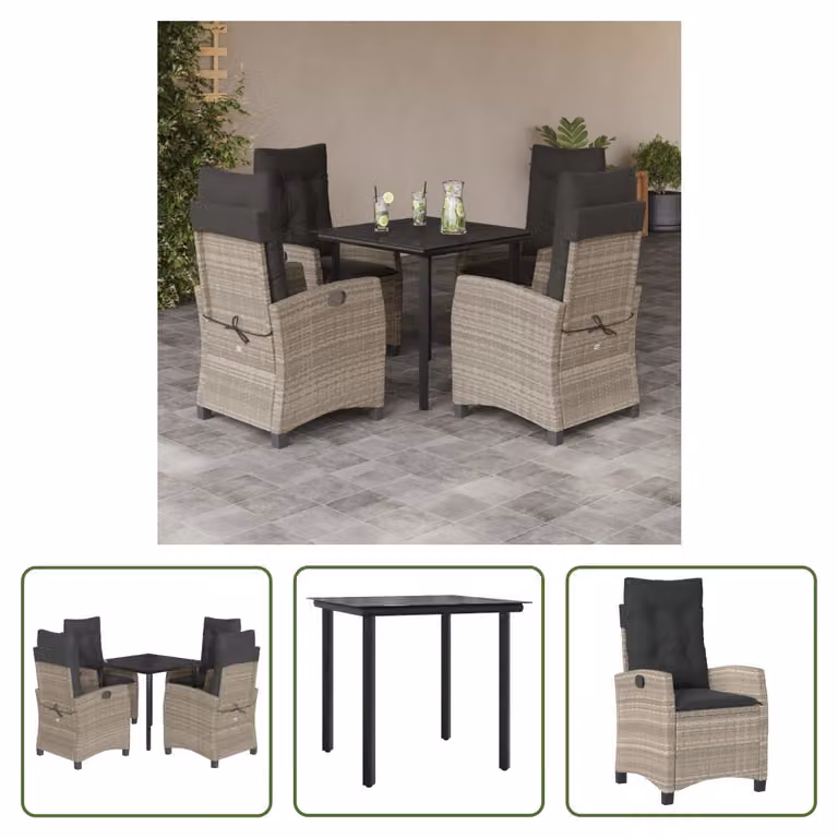 The Living Store Set da pranzo da giardino 5 pezzi con cuscini in rattan grigio chiaro
