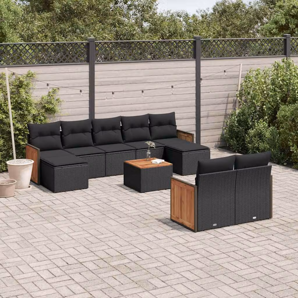 vidaXL Set Divani da Giardino 10pz in Polyrattan Nero con Cuscini e Tavolino da Esterno – 1