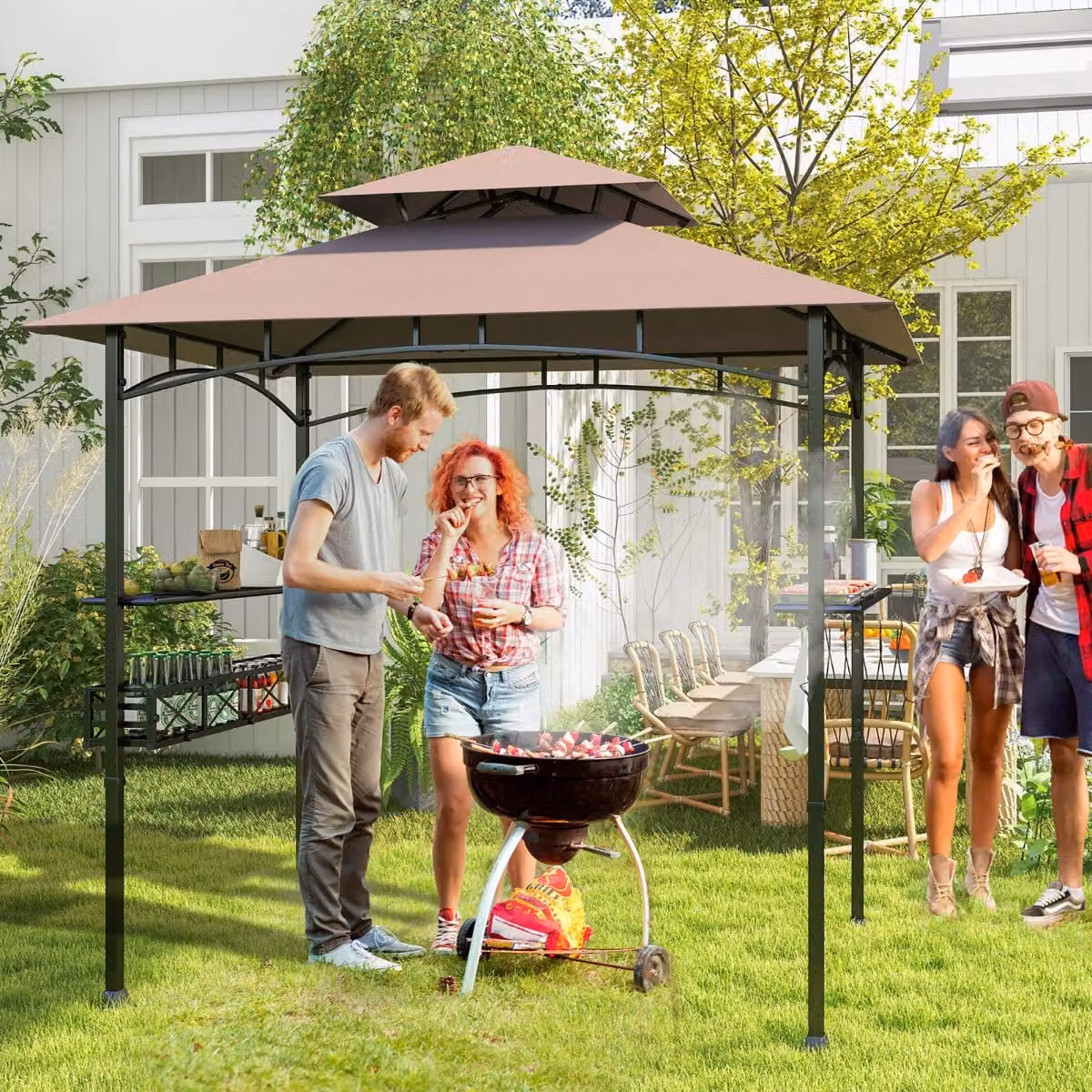 Gazebo barbecue Costway marrone con 2 ripiani laterali, cestino e ganci appendiutensili, tendone da esterno L: 242 cm, P: 153 cm