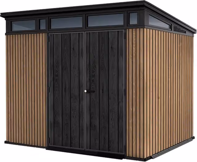 Casetta da Giardino Keter Pent 9x7 con Doppia Ante per Deposito Attrezzi, Finitura Effetto Legno Evotech+ in Resina, Colore Marrone e Nero, L: 279 cm, P: 226 cm, H: 218 cm