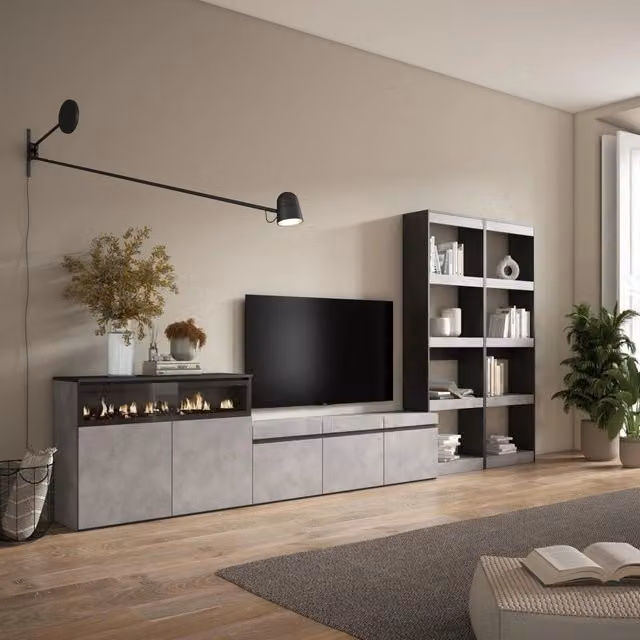 Mobile TV da soggiorno Skraut Home con camino elettrico e illuminazione integrata, grigio cemento, L: 370 cm, P: 35 cm, H: 186 cm – 1