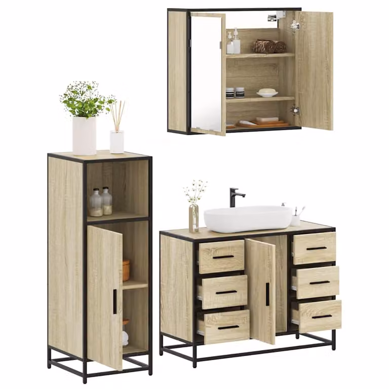 Set di mobili da bagno vidaXL in stile industriale composto da 3 pezzi in legno e metallo colore marrone con armadietto specchio, mobile lavabo e mobile laterale sospeso