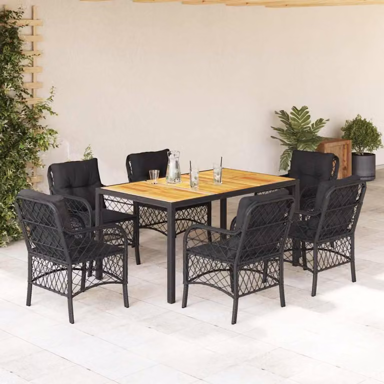 Set da Pranzo da Giardino vidaXL 7 pz in Legno di Acacia e Polyrattan Nero con Cuscini