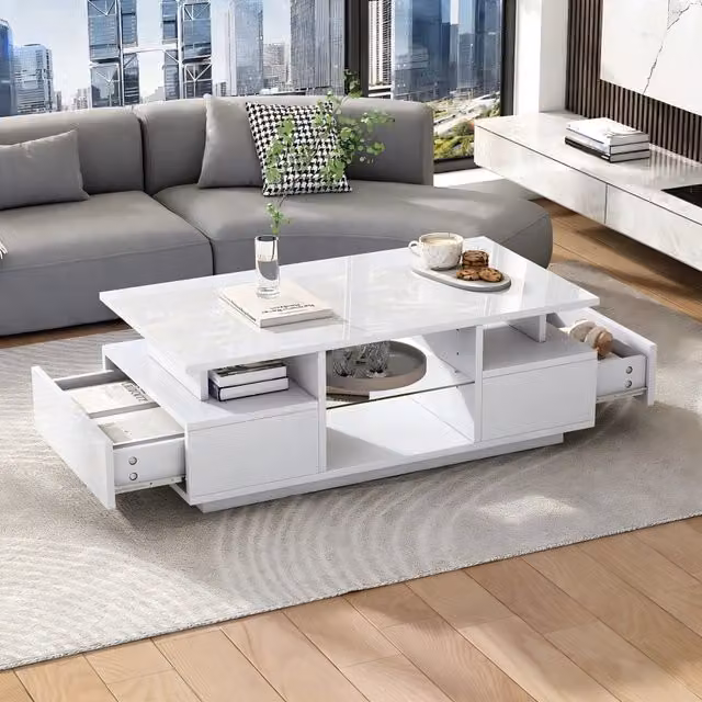 Tavolino basso fisso con 2 cassetti; ripiani in vetro e illuminazione LED per soggiorno bianco 100 × 50 × 36 cm