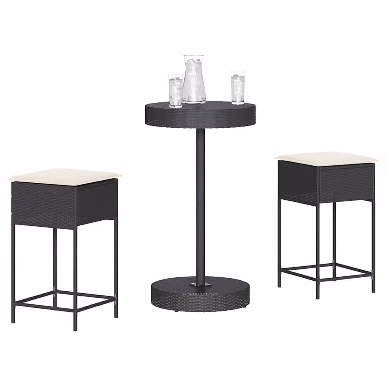 vidaXL Set Bar da Giardino 3 pz in Polyrattan Nero con Cuscini