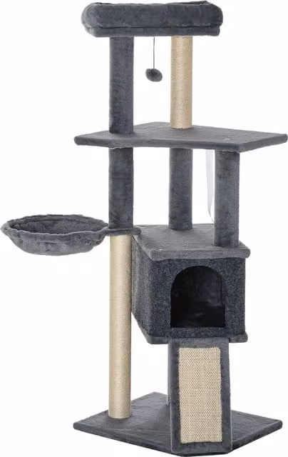 Albero Tiragraffi per Gatti PawHut con Pali in Sisal, Amaca, Cuccia e Giochi Integrati, Altezza: 127 cm, Grigio – 1