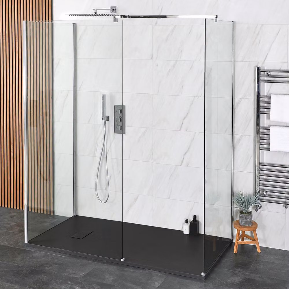 Doccia Walk-in a Tre Lati - 1100mm x 700mm - Piatto Doccia Bianco - Braccio a Soffitto