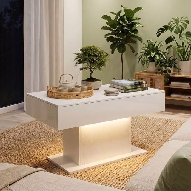 Tavolino basso OKWISH moderno in MDF con finitura lucida bianca, dotato di LED RGB, 2 cassetti e telecomando, L: 120 cm, P: 56 cm, H: 13 cm