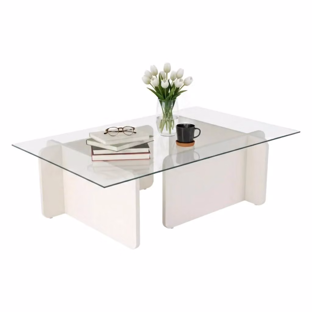 Tavolino da salotto moderno DMORA con piano in vetro trasparente e struttura bianca L/P/H: 65 x 30 x 65 cm – 2