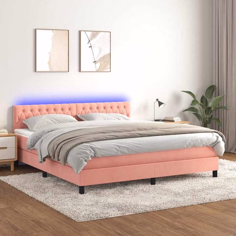 Letto a Molle con Materasso Ibrido vidaXL in Velluto Rosa con Illuminazione LED e Porte USB L/P/H: 160 x 200 x 88 cm