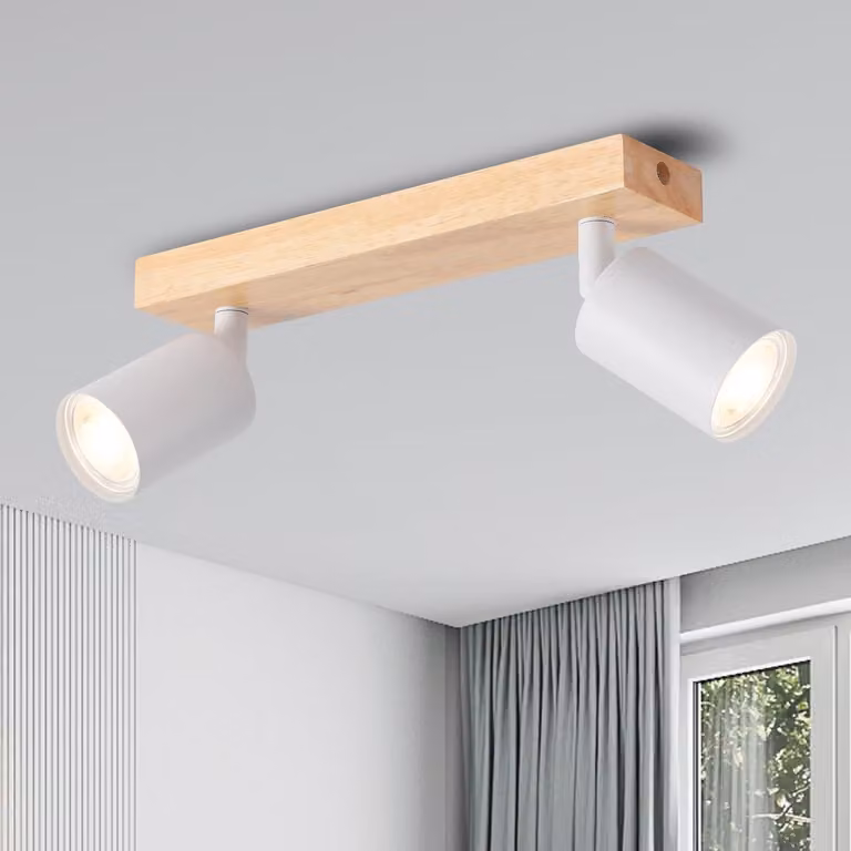 ANWIO Lampada da soffitto a LED, bianca, in legno. Lampada da soffitto a 2 luci, lampada da soffitto GU10, plafoniera a LED, lampada da soffitto nera, applique vintage per soggiorno, camera da letto, cucina, cameretta. Senza lampadine