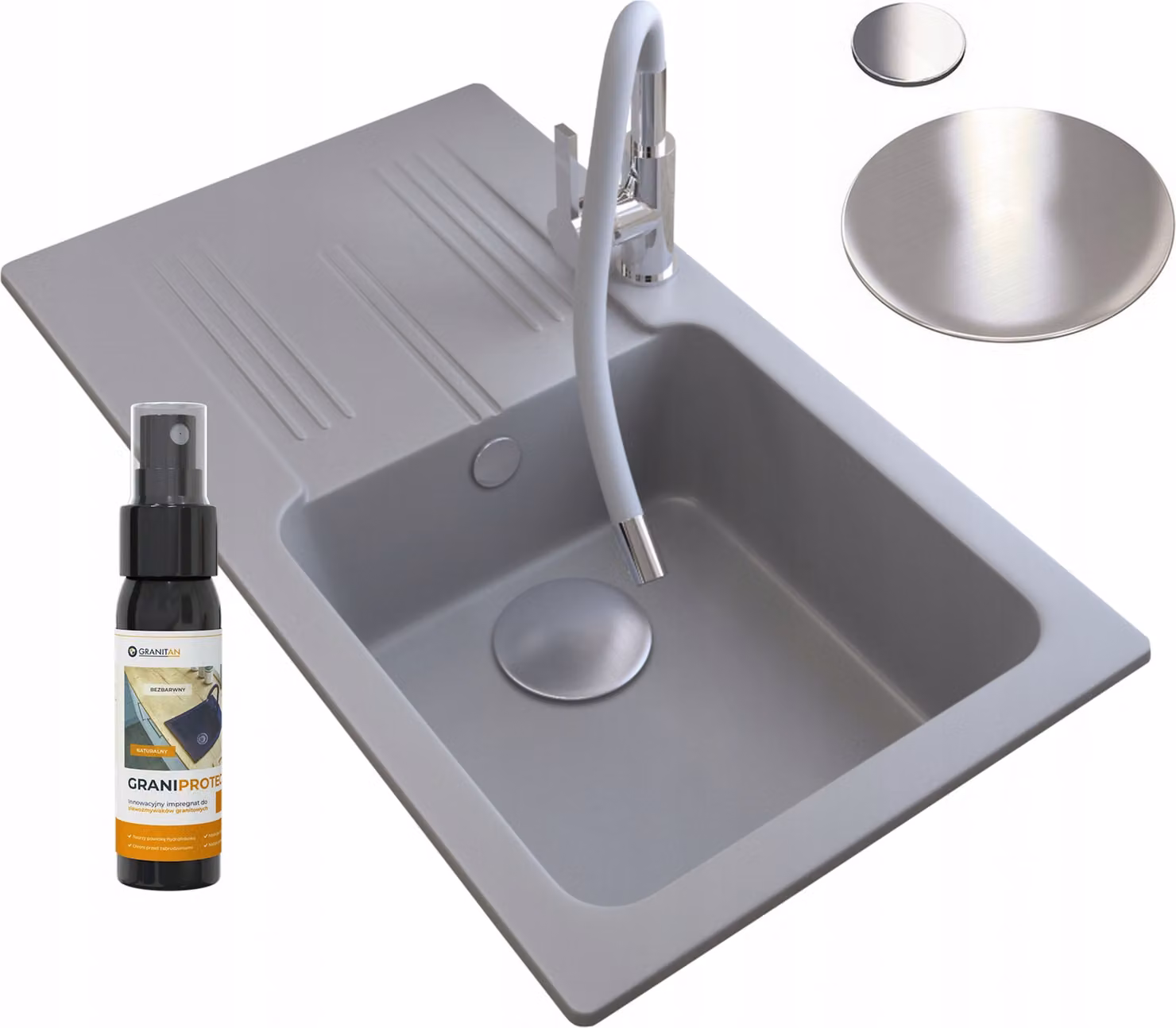 Granitan - Lavello in granito - Lavello da cucina - 78x44 cm - Nero - con rubinetteria FLEX e scolapiatti - ADA