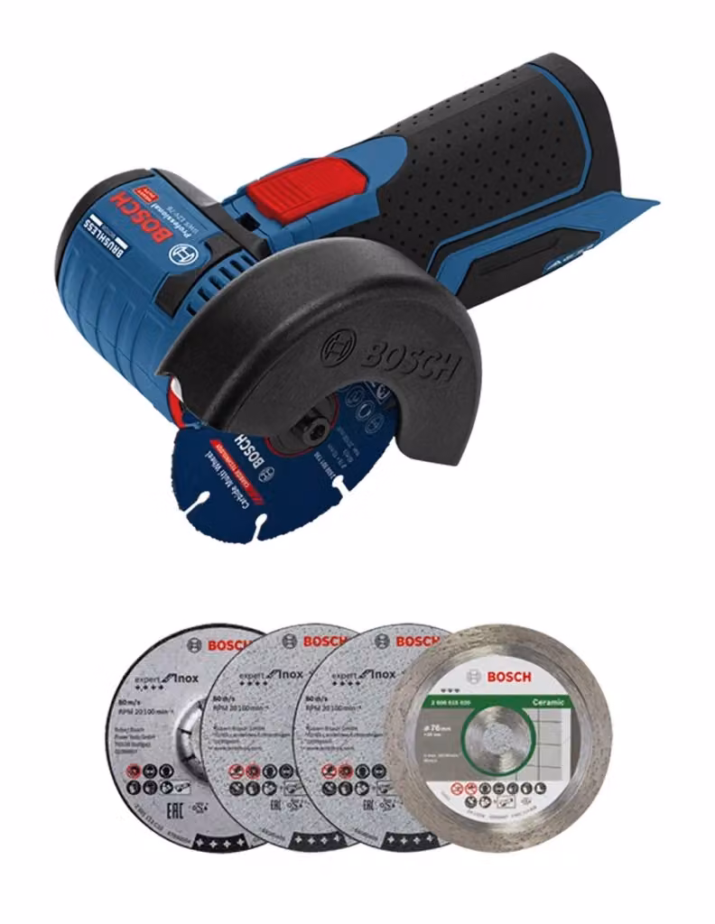 Smerigliatrice Bosch GWS 12V-76 blu con 2 batterie da 2,0 Ah, caricabatterie GAL12V-20, dischi e borsa di trasporto – 2