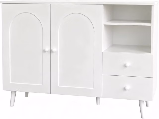 Credenza moderna per soggiorno e sala da pranzo con 2 ante, 2 cassetti e 2 vani aperti in MDF, colore bianco, L/P/H: 118 x 35 x 82 cm