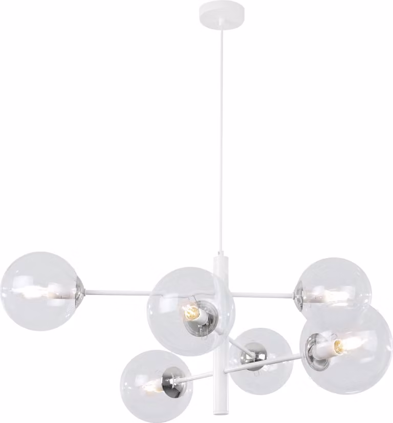 Lampada a sospensione Vicenza bianco-cromo a 6 luci con paralumi trasparenti E14