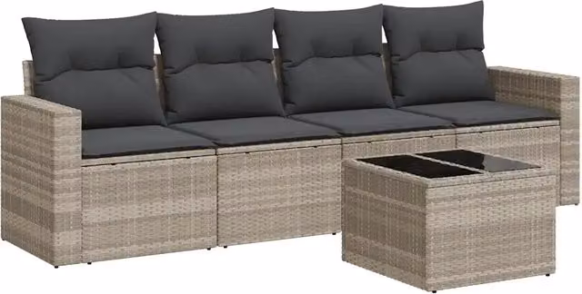 Set Divano da Giardino 5pz | Set Salotto da Giardino con Cuscini Grigio Chiaro Polyrattan