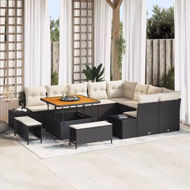 Set Divano da Giardino vidaXL a forma a U con 12 pezzi, Nero e Beige, con Cuscini e Tavolino da Esterno