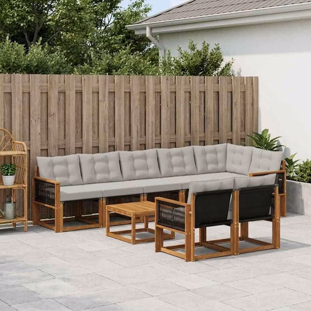 vidaXL Set di divani da esterno a forma di U composto da 9 pezzi in legno di acacia con cuscini in tessuto beige e grigio e tavolino da caffè