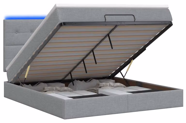 Panca contenitore con materasso e illuminazione LED, grigio chiaro, 140 x 190 cm, rivestita in tessuto