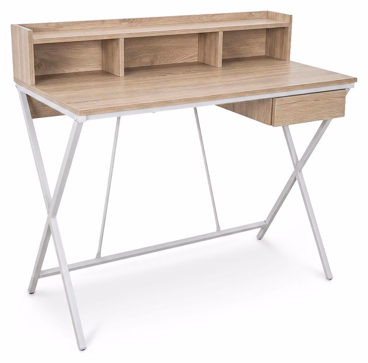 Scrivania PC industriale Rovere Sonoma FLEXO 100 cm 1 cassetto 1 ripiano gambe bianche