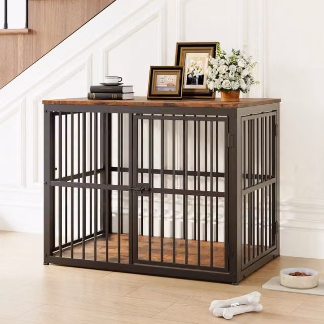 Gabbia modulare per cani WISHDOR in stile mobile con 3 porte e piano superiore impermeabile, nero e marrone, L: 84 cm, P: 56 cm, H: 66 cm