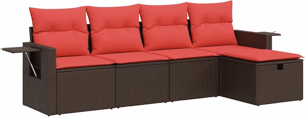 Set Divano da Giardino 5 pz con Cuscini Marrone in Polyrattan