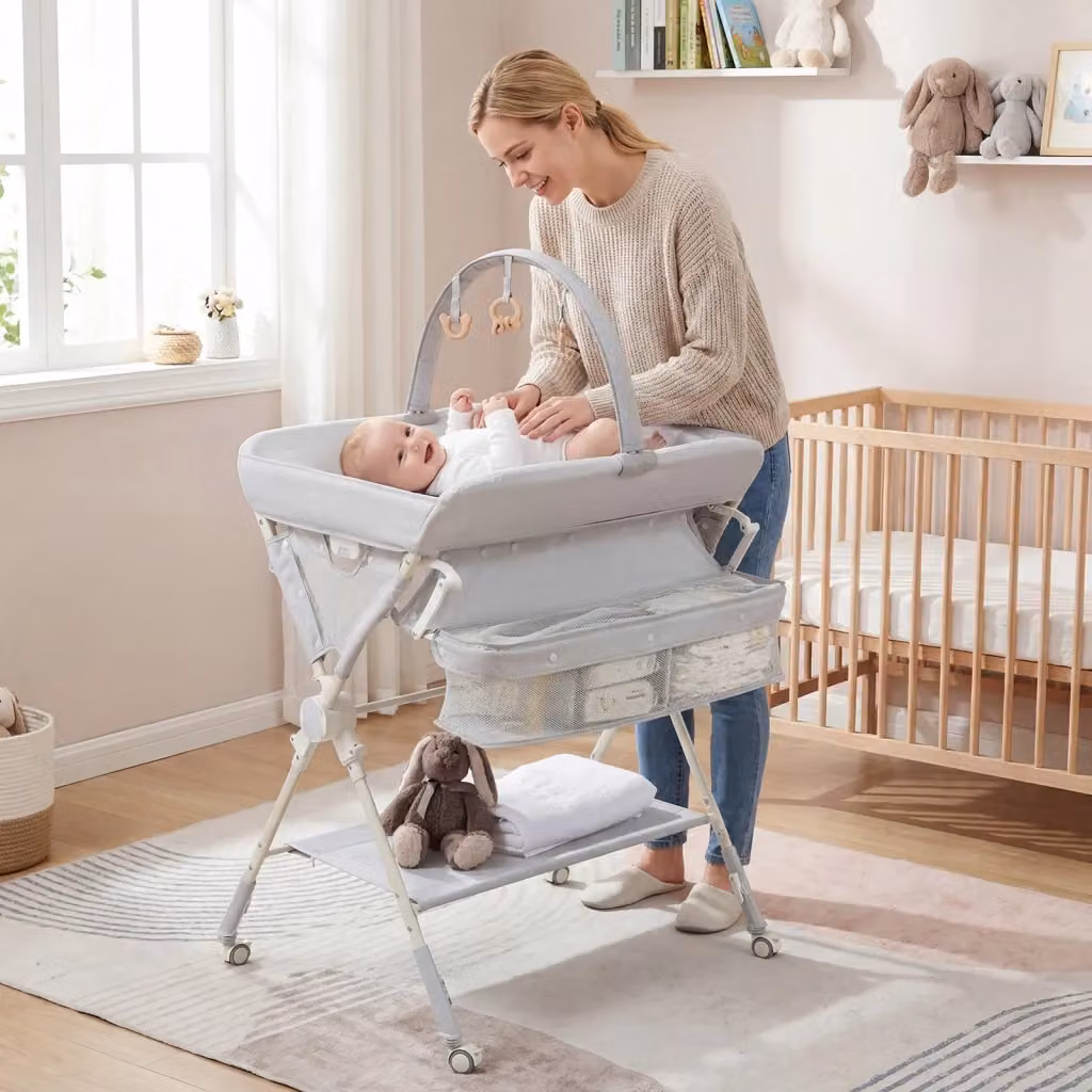 Fasciatoio pieghevole per neonati e bambini con altezza regolabile, modello portatile con ruote e piattaforma rimovibile, Grigio – 2