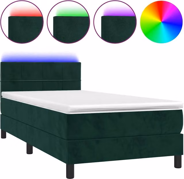 Letto singolo | Letto per adulti | Letto a Molle con Materasso e LED Verde Scuro 90x200cm Velluto